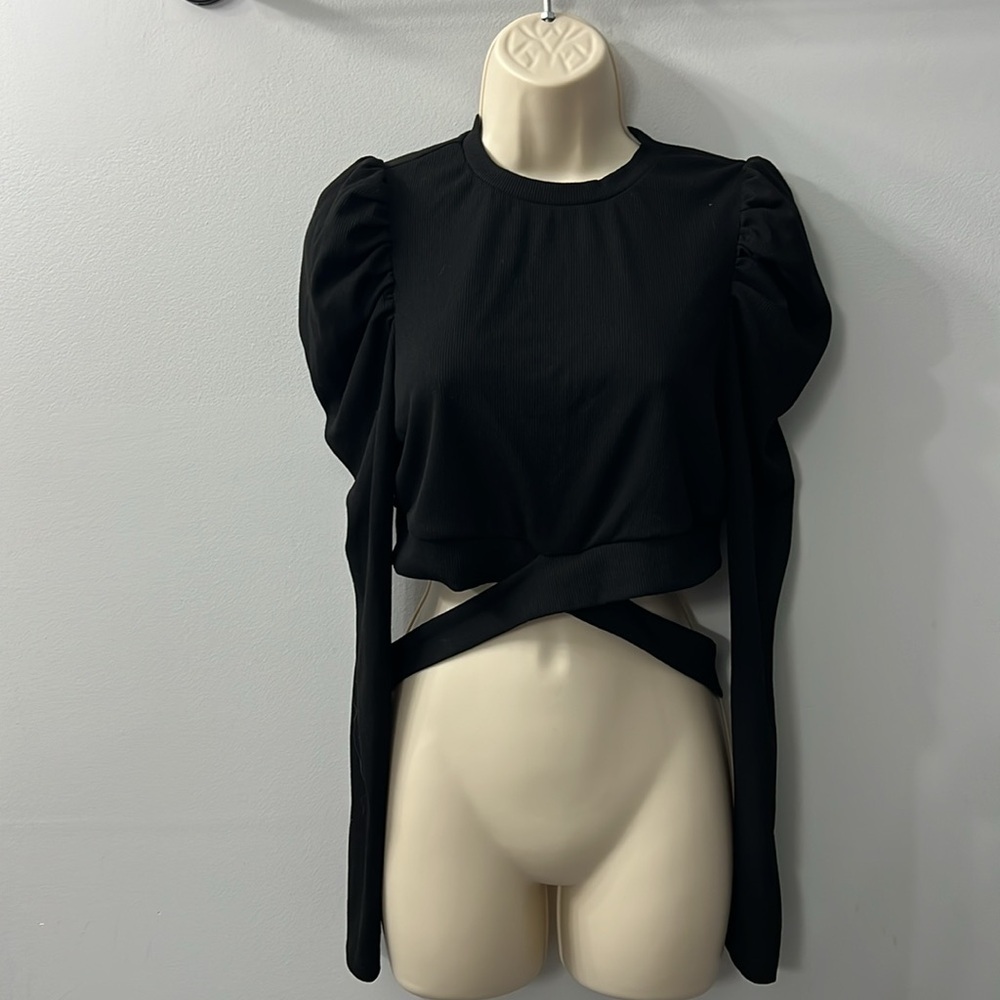 Shein Black Long Sleeve Puff Shoulders Criss Cross Crop Top Large - Picture 6 of 9